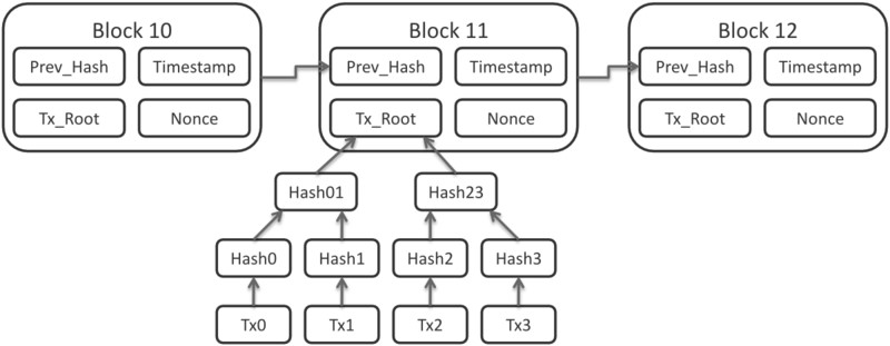 نمای داخلی هر بلوک دیتا در شبکه‌ی بلاک‌چین، حاوی هش بلوک قبلی، مُهر زمانی، کد روت و کد نانس